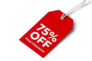 Red sale tag with 75 percent off and final clearance text