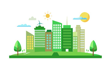 Obraz premium Green city skyline with trees clouds and sun on a black background