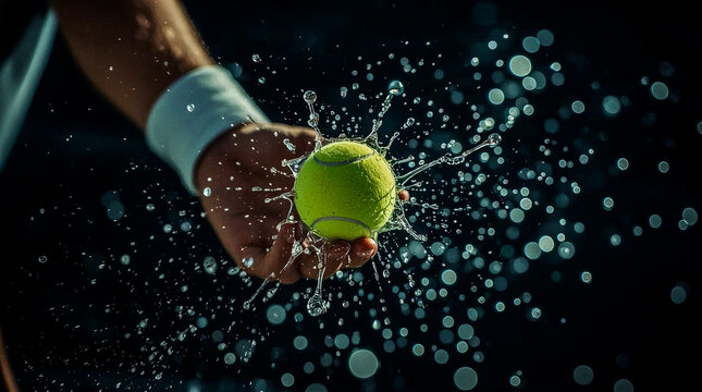 A close up shot captures a tennis ball being held by a player's hand surrounded by a dynamic burst of water droplets and splashes
