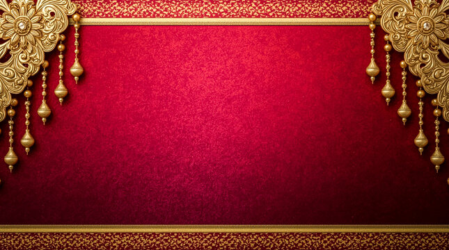 A luxurious deep red textured background is framed by intricate gold borders and decorative hanging gold ornaments evoking a sense of opulence and celebration