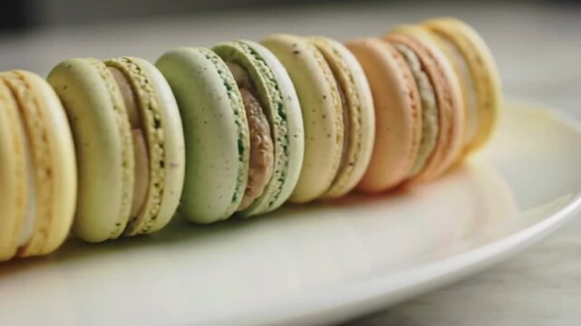 A close up of a row of colorful macarons on a white plate, a sweet and delicious treat
