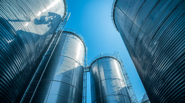 A low-angle view captures the imposing presence of multiple large cylindrical metal silos with corrugated exteriors Ladders and walkways connect them under a bright cloudless blue sky