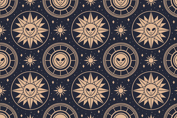 Seamless Space Pattern with UFOs, Pyramids, Stars, Planets, and Geometric Symbols, Mystical Cosmic Vector Background for Fabric and Wallpaper