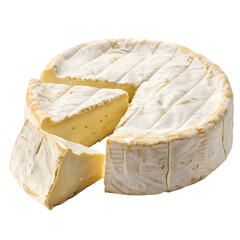Whole camembert cheese with two wedges cut out isolated on transparent background