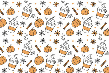 Seamless Pumpkin Spice Latte Pattern with Coffee Cups, Pumpkins, Cinnamon Sticks, and Star Anise, Autumn Fall Drink Vector Background Design