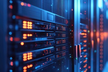 Close-up of illuminated server racks in a high-tech data center environment with blue and red LED indicators, showcasing advanced cloud network infrastructure