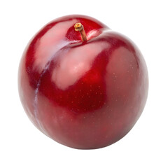 Single ripe red plum with stem isolated on transparent background