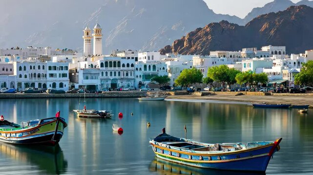 View of Yenkit Bay showcasing traditional boats in Muscat Governorate, Oman at sunrise, View of Yenkit Bay in Muscat Governorate, Oman