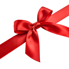 Elegant red satin ribbon bow tied on a diagonal isolated on transparent background