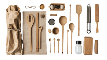 • A flat-lay of zero-waste kitchen tools, isolated on white background in HD 