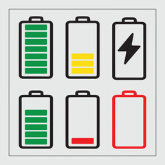 Color-coded battery charge level and status icon set. Vector indicators for full, low, empty, and charging states.