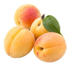 A cluster of ripe apricots with a green leaf isolated on transparent background