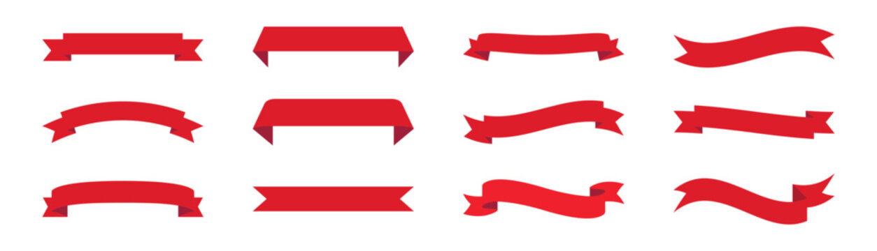 Set of 12 red ribbon banners with various shapes and styles. Perfect for use in banners, advertisements, certificates, and promotional designs. Simple, elegant, and versatile vector ribbons.