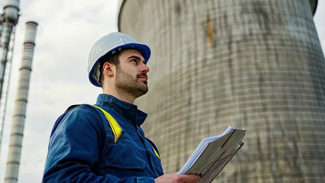 Skilled nuclear engineer reviewing plans at power station site before maintenance work begins, Skilled nuclear engineer at power station