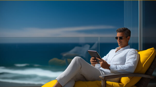 Man relaxing on a modern balcony with a tablet and ocean view - Powered by Adobe