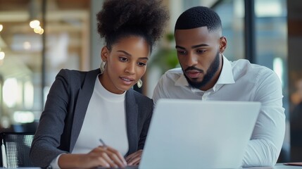 Black female professional helping male team member understand laptop work in office, collaboration on tech company project
