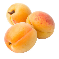 Three ripe apricots with blush red spots isolated on transparent background