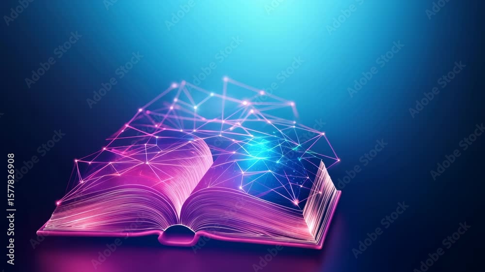 Poster artificial intelligence creating an e-book concept, abstract representation of digital book with glo