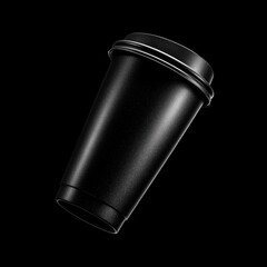 Black disposable cup floating against a dark backdrop highlights minimalistic design and modern aesthetics