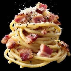 Pasta dish with crispy bacon, cheese, and herbs served elegantly on a dark background