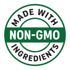 Made with Non-GMO Ingredients circular badge. Green vector icon for natural food packaging and labeling.