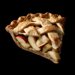 Freshly baked apple pie slice with a golden crust and visible apple filling on a dark background