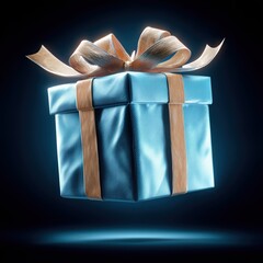 Floating gift box with blue wrapping and golden ribbon glowing against a dark background