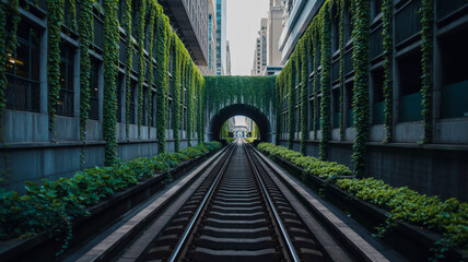 Fototapeta premium Train tracks disappearing into a lush green vine covered tunnel