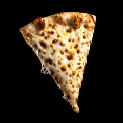 Melted cheese and golden crust pizza slice hanging in black background