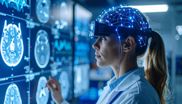 The Future of Healthcare: A doctor in a futuristic augmented reality environment assesses medical scans, demonstrating the cutting edge of diagnostic technology.