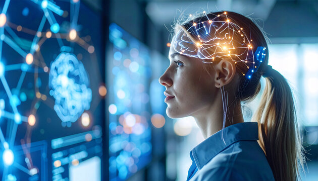 Intelligent Vision: A woman gazes intently at an advanced display of data and information, her mind illuminated with complex neural connections.