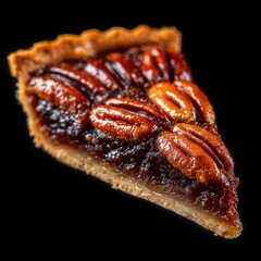 Pecan pie slice served on a black background highlighting its delicious texture and ingredients