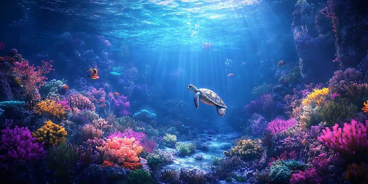 Sea turtle swimming in colorful coral reef scene