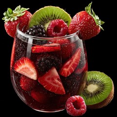 Fresh fruit cocktail with sparkling beverage featuring strawberries, kiwifruit, raspberries, and blackberries served in glass