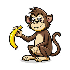 Funny Monkey Pressing Banana with Finger. Humorous Jungle Animal Cartoon Vector Illustration for Posters, Stickers, Kids Books, Merchandise, and Creative Digital Art.