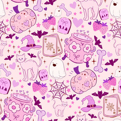 Halloween doodle seamless pattern, Halloween vector seamless pattern, cute Halloween cartoon monster, spooky ghost, Halloween skull and pumpkin, crescent moon Halloween, cute ghost pattern, Halloween 