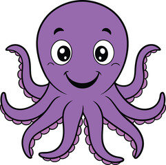 Cute smiling purple octopus cartoon vector character with happy face big eyes and tentacles art
