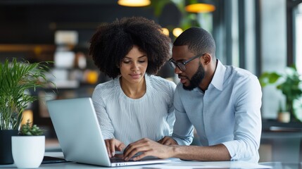 Female manager assisting young male colleague on laptop, black businesswoman and man working together on a project in modern office meeting room, technology company concept in progress
