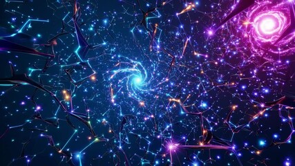Intergalactic travel through neon glowing clusters of stars and galaxies to the far reaches of the universe. Scientific abstract repetitive background - Powered by Adobe