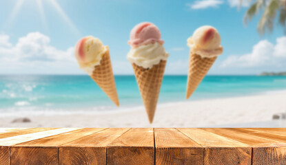 Creative summer-themed image with wooden table with copy space for product placement or mockups. In...