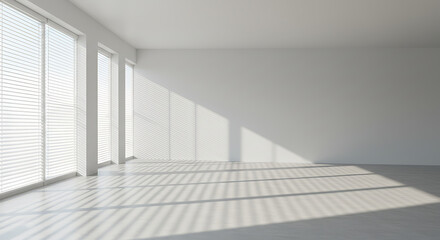 Sunlight casts shadows across a bright, empty room.