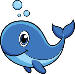 Cute cartoon whale vector with big eye smiling face blue body and water bubbles in ocean style
