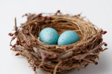 Obraz premium A small, intricate bird is nest with tiny blue eggs, isolated on a pure white background. New life, nature is home.