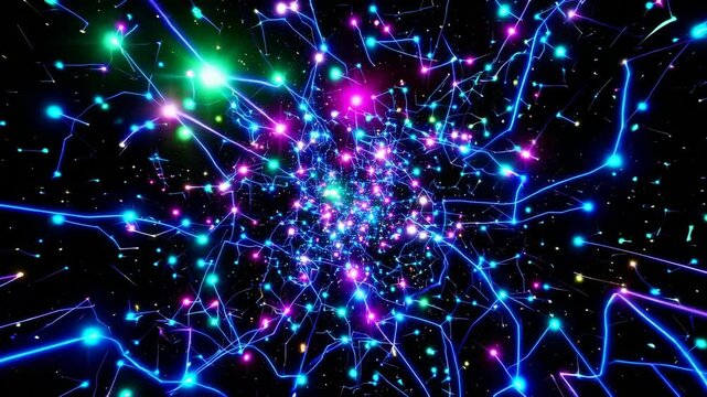 Intergalactic travel through neon glowing clusters of stars and galaxies to the far reaches of the universe. Scientific abstract repetitive background