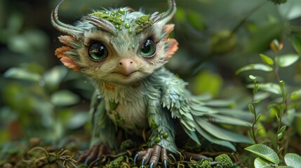 Close-up of a Cute, Moss-Covered Forest Guardian Creature with Horns
