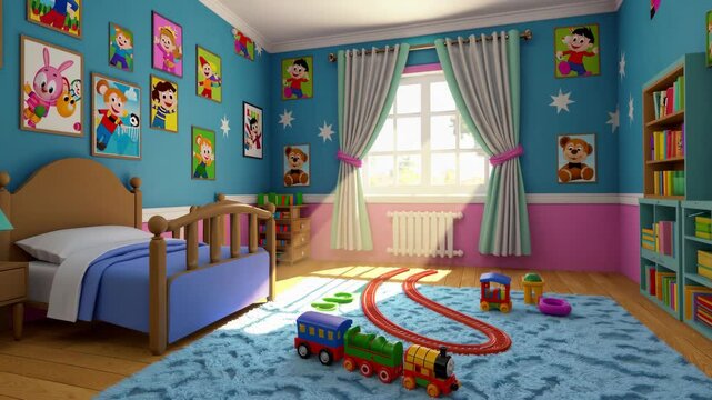 interior of children's room, cartoon animation style. Seamless looping time-lapse virtual video animation background