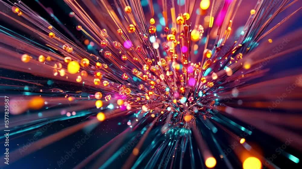 Poster Vibrant visual of data transfer and processing with glowing fibers in dynamic motion, Vibrant visual of Data transfer and processing 3D render seamless