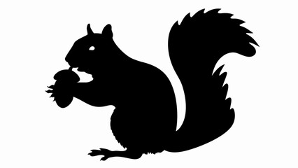 Silhouette of a squirrel holding an acorn with a bushy tail against a white background image view