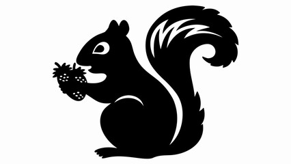 Silhouette of a squirrel holding a berry with a bushy tail in a black and white illustration