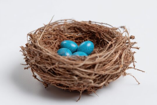 A small, intricate bird is nest with tiny blue eggs, isolated on a pure white background. New life, nature is home.